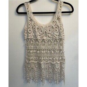 Vivid Collection Cream Boho Crochet Tank Top 100% Cotton Sz Large